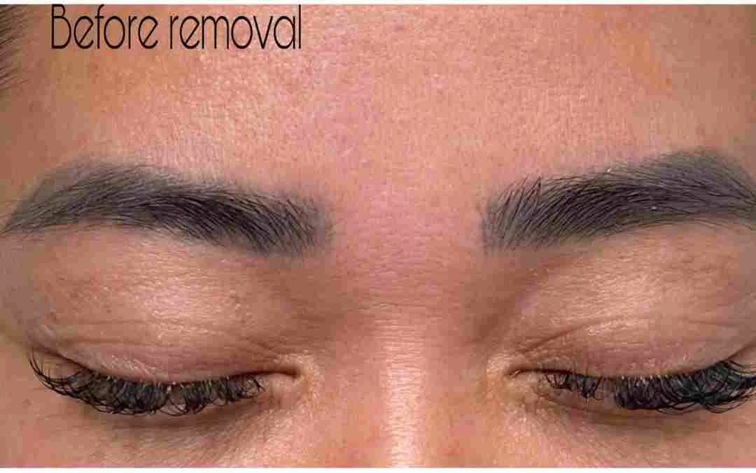 Real client with warm / uneven faded cosmetic tattoo before non-laser eyebrow tattoo removal at Aileen's Beauty in Campbell, California