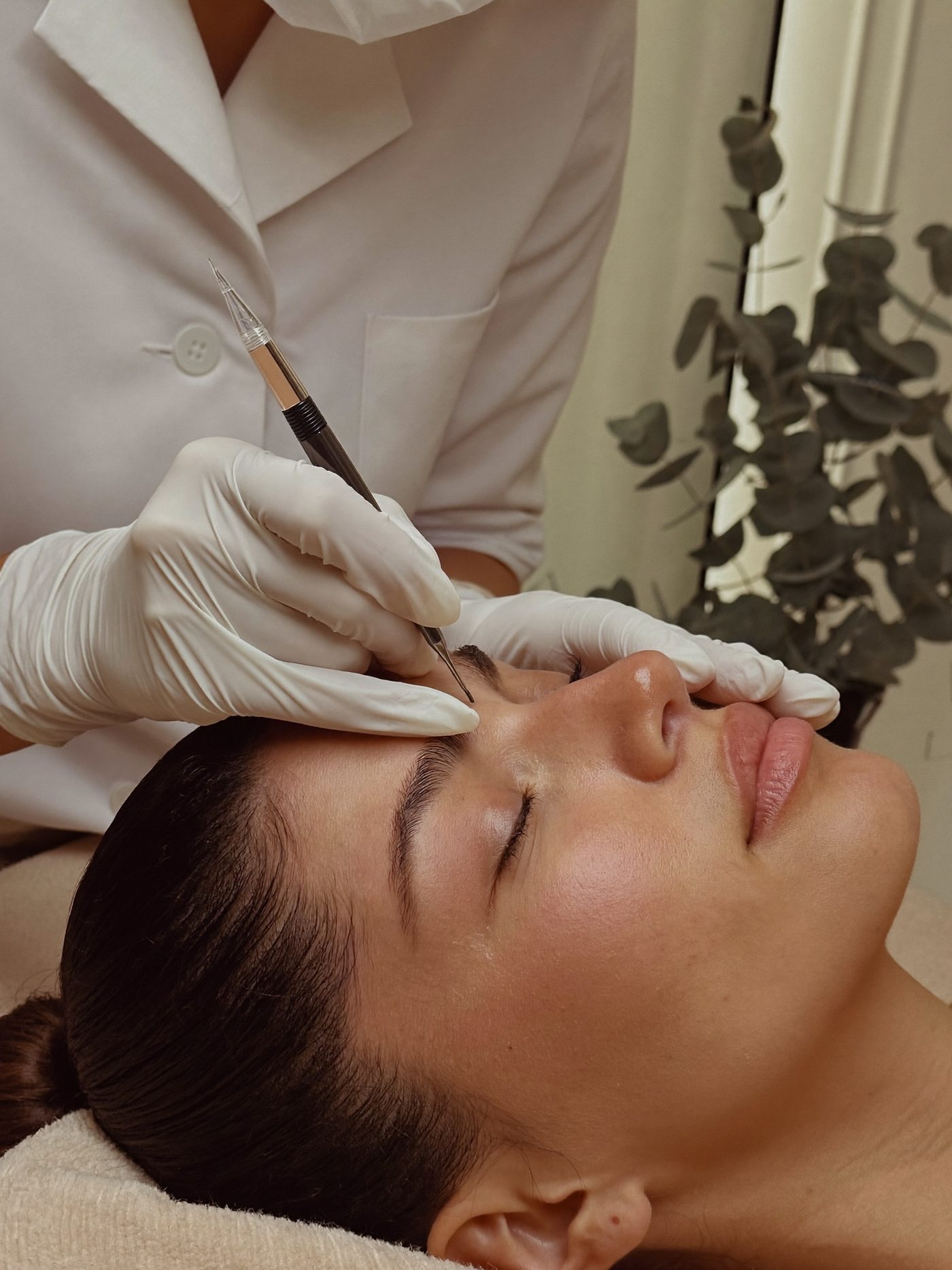 Fine microblading hair strokes being drawn at Aileen's Beauty, Campbell CA