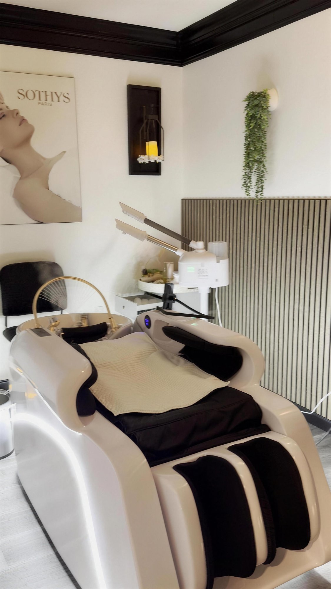 The head spa wash chair and Sothys station at Aileen's Beauty, Campbell CA