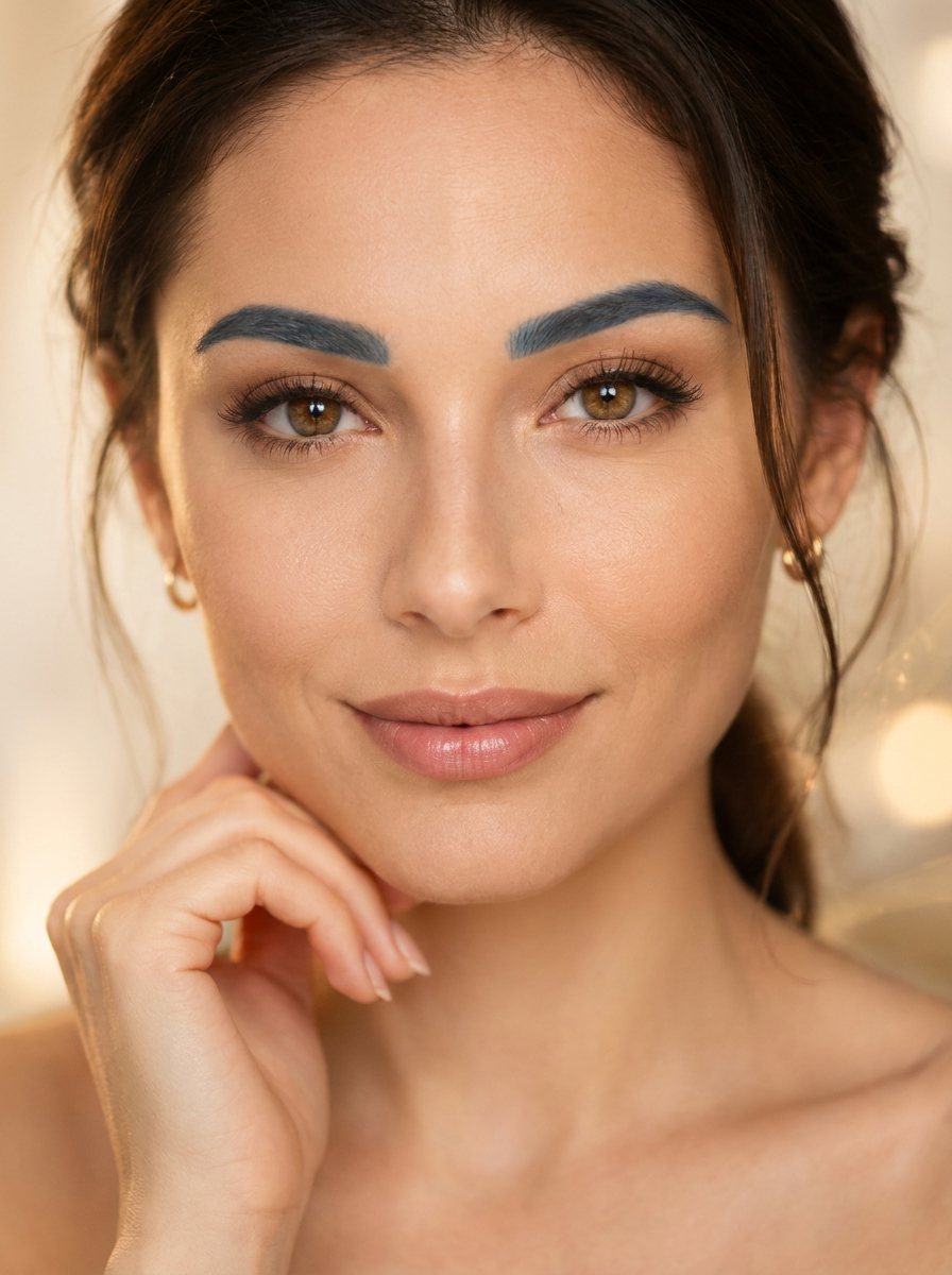 Before eyebrow tattoo removal: harsh blue-grey tattooed eyebrows