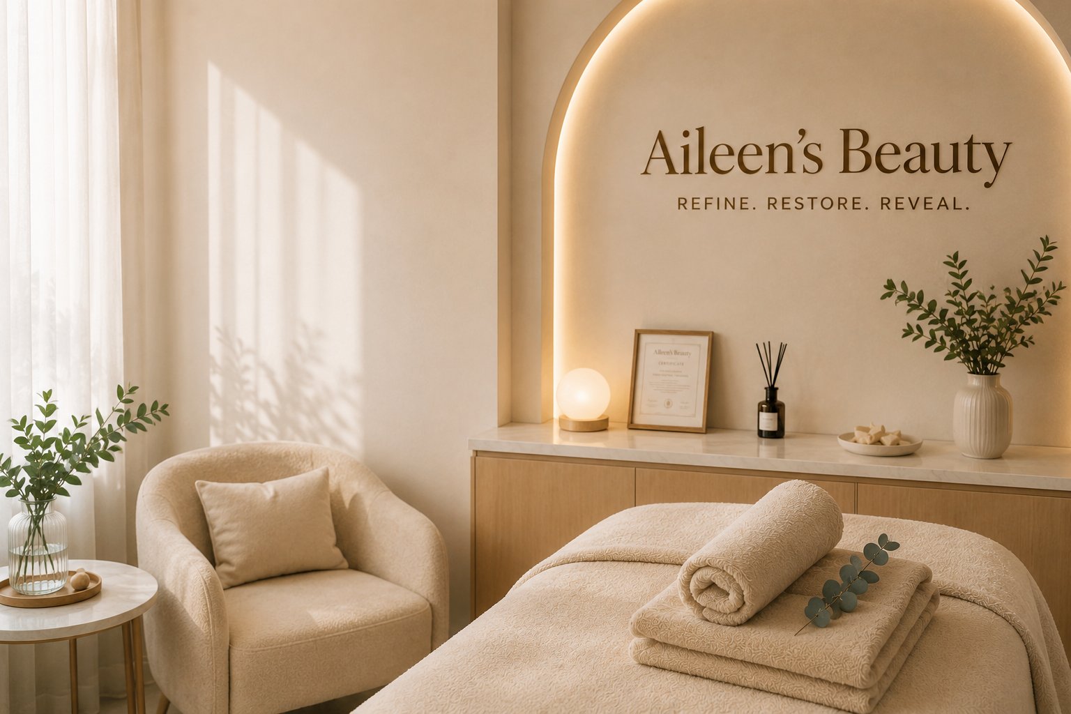 Aileen's Beauty private treatment room with Refine Restore Reveal wall, Campbell CA