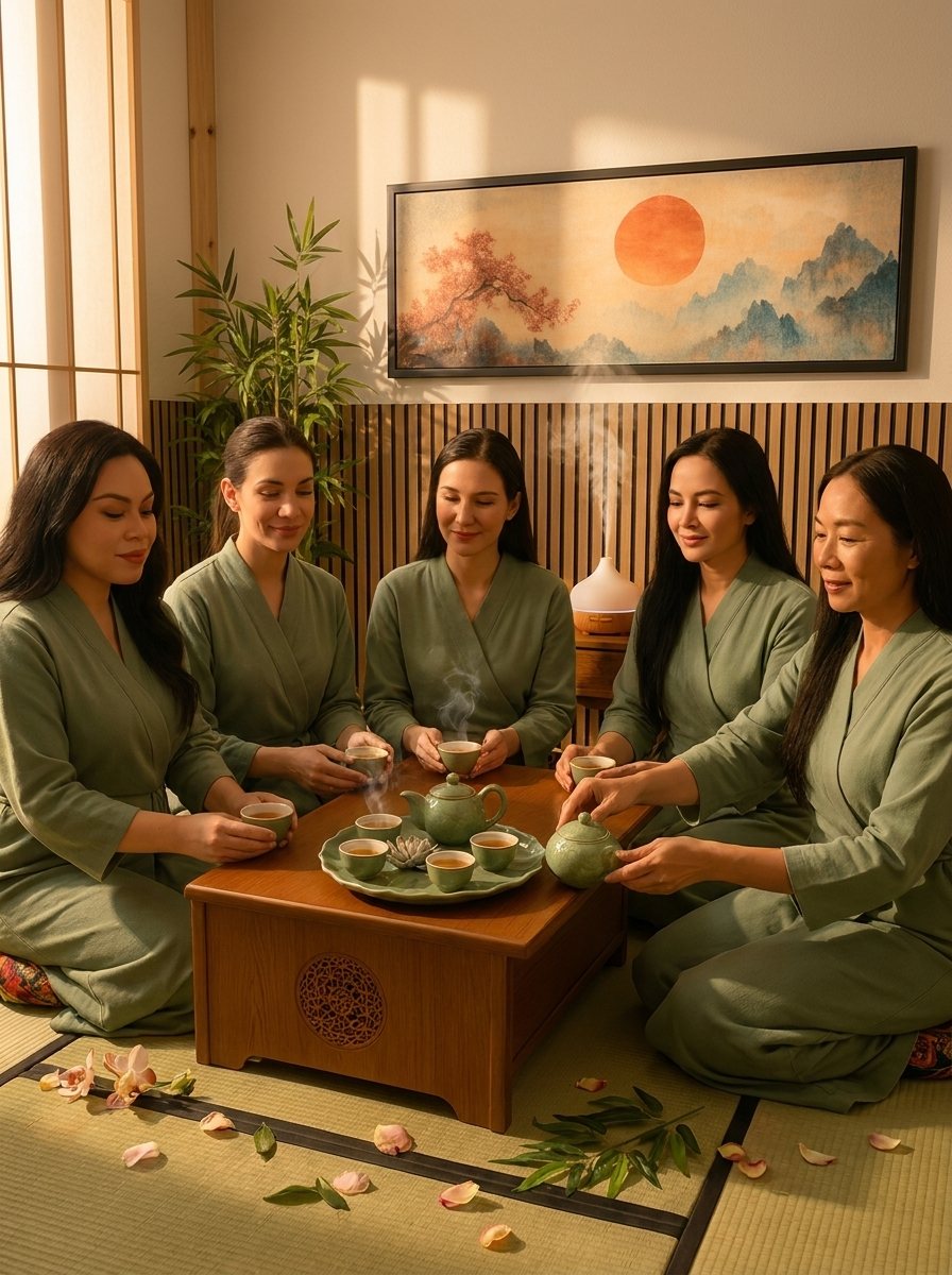 Guests sharing a celadon tea ceremony in the tearoom at Aileen's Beauty, Campbell CA